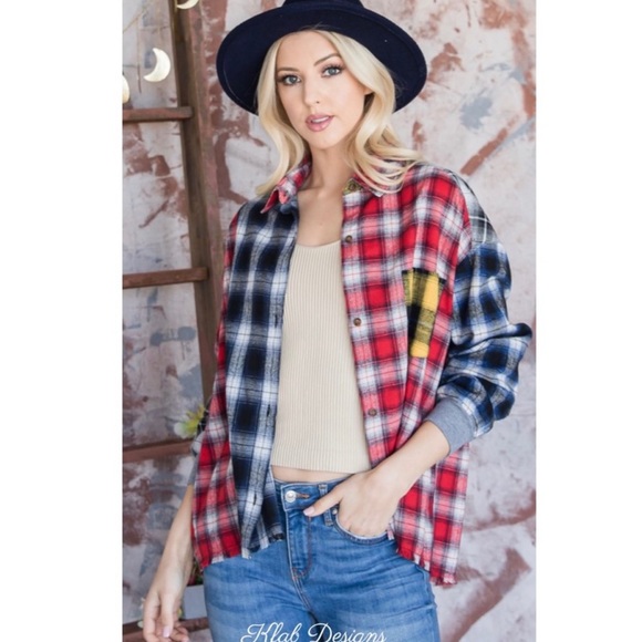 New! Sale 🎉 Reverse Multi Plaid Flannel Button down top shirt - Picture 6 of 6